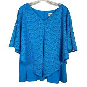 Catherines Blue Poncho Lace Short Sleeve Slinky Stretch No-Iron Blouse 1X Petite